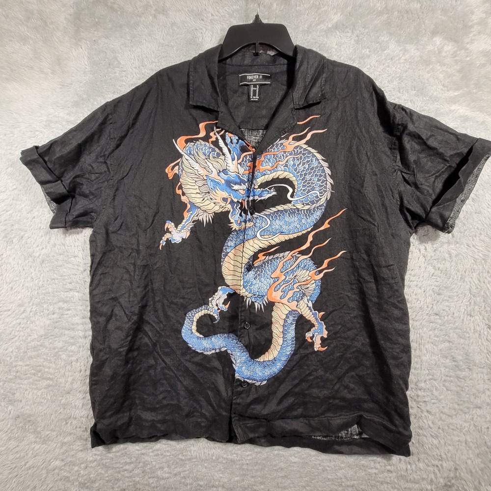 Forever 21 Button Up Linen Shirt Men XL Black Dragon Graphic Short Sleeve